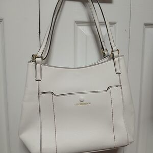 Liz Claiborne White Tote Bag Large Double Handles Gold Hardware Inner Pockets